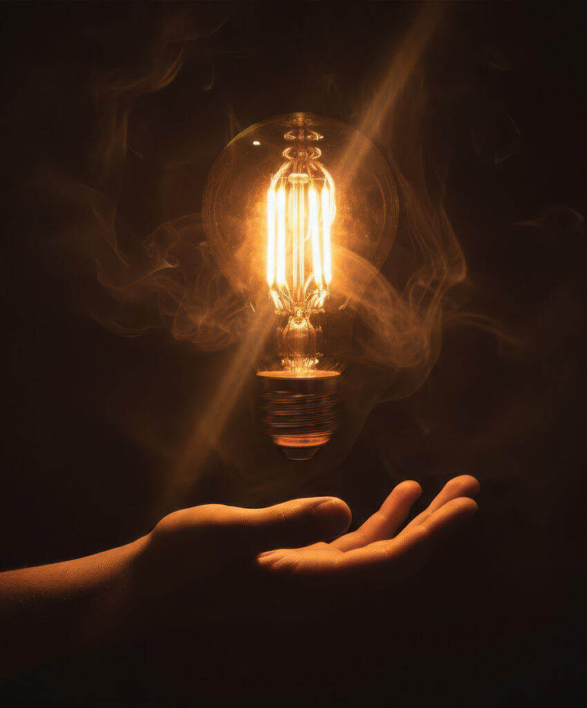 Hand som håller i en stor globformad led-lampa som avger ett varmt ljus.